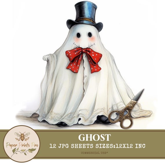Vintage Ghost Clipart - 12 Digital JPG, 300 DPI for Scrapbooking, Junk Journals & Cards -PaperPrintsPro