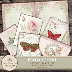 Junk Journal Kit | 61 Pages Printable Vintage Set | 5x7 Inches with Embellishments ,Backgrounds, Pockets, mini folio,ephemera