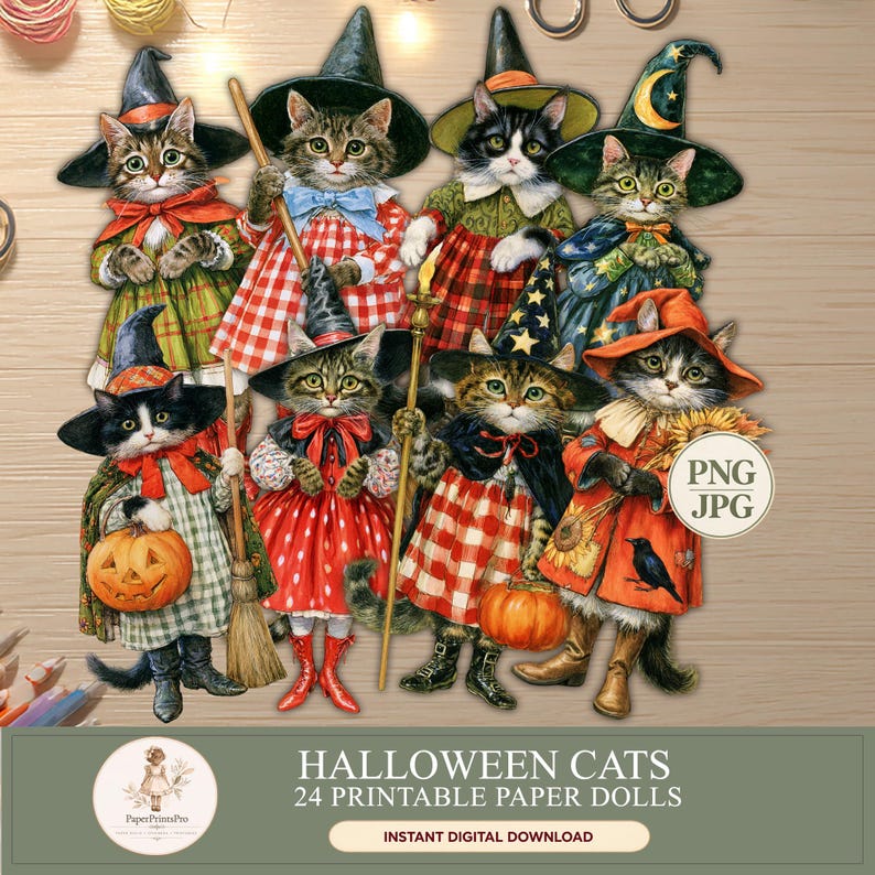 Halloween cat paper dolls: 24 printable black, tabby and ginger cats dressed as witches in colorful vintage Halloween costumes with hats, brooms, pumpkins and bows. Instant digital download includes high-resolution PNG files with transparent backgrounds and JPG printable sheets, ideal for Halloween crafts, junk journals, scrapbooking, card making and fussy cutting.