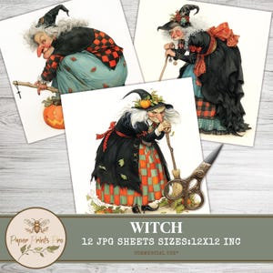 Vintage Witch Clipart | 12 Bright Printable Witches | 12x12" JPG | Halloween, Junk Journal, Crafts
