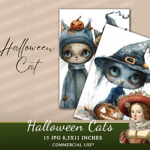 Watercolor Halloween Cats Clipart Collection, 15 JPG  Halloween Clipart, Cute Halloween Animals Clipart