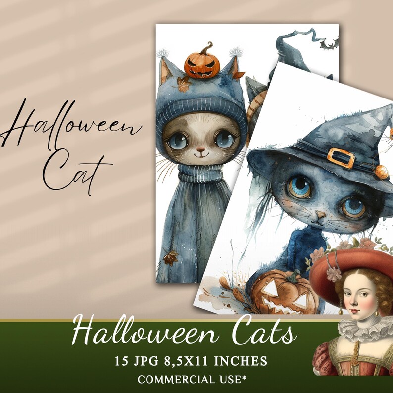 Watercolor Halloween Cats Clipart Collection, 15 JPG  Halloween Clipart, Cute Halloween Animals Clipart