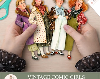 Bonecas de papel para imprimir, clipart PNG de mulheres vintage peculiares, artigos para diário de arte, materiais para scrapbook, PaperPrintsPro