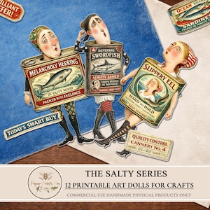 Printable paper dolls set by PaperPrintsPro featuring 12 vintage fish character dolls inspired by retro sardine tins. Includes expressive illustrated paper dolls, vintage advertising ephemera labels, and decorative background papers. Designed for printing and cutting, ideal for junk journals, scrapbooking, handmade paper crafts, and mixed media projects. Digital download only.