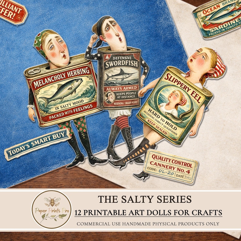 Printable paper dolls set by PaperPrintsPro featuring 12 vintage fish character dolls inspired by retro sardine tins. Includes expressive illustrated paper dolls, vintage advertising ephemera labels, and decorative background papers. Designed for printing and cutting, ideal for junk journals, scrapbooking, handmade paper crafts, and mixed media projects. Digital download only.