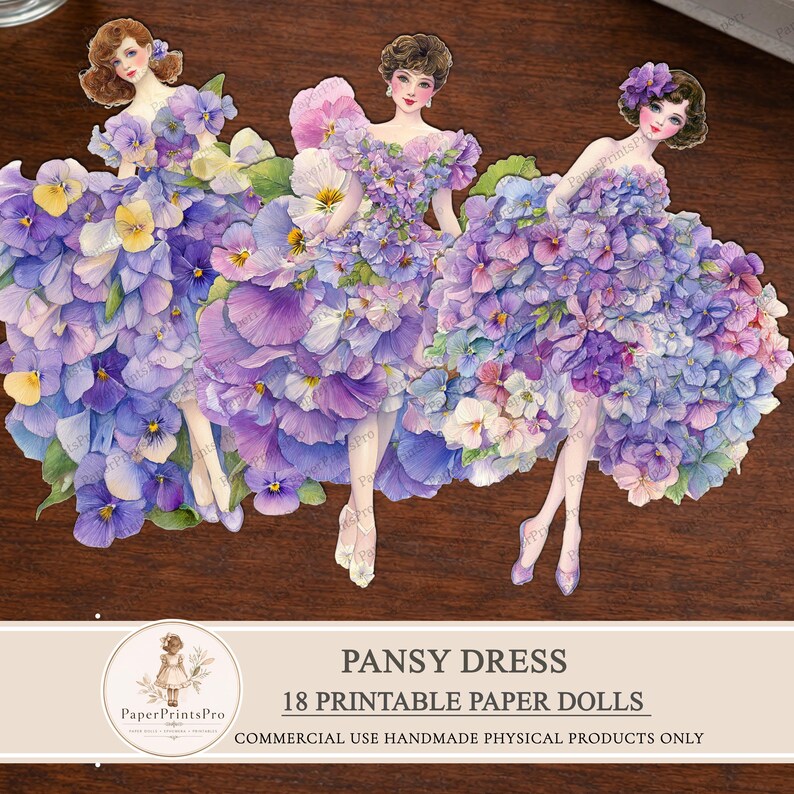 Printable paper dolls with pansy flower dress, floral ephemera for junk journal, vintage style paper doll clipart, fussy cuts for scrapbooking, detailed pansy petals gown, soft purple blue tones, printable cutout dolls for crafts, high resolution artwork by PaperPrintsPro