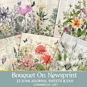 Floral Junk Journal Pages - Instant Download Digital Paper Craft - 22 Images Bouquet on Newsprint - Scrapbook Kit