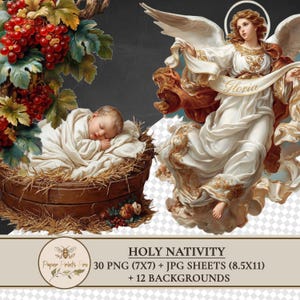 Holy Nativity clipart set with 30 PNG figures and matching JPG print sheets plus 12 backgrounds. Includes Holy Family, wise men, shepherds, angels, animals and Bethlehem star in vintage illustration style. Perfect printable ephemera for Christmas crafts, junk journal, card making and papercraft. Digital download by PaperPrintsPro.