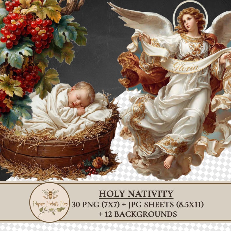 Holy Nativity clipart set with 30 PNG figures and matching JPG print sheets plus 12 backgrounds. Includes Holy Family, wise men, shepherds, angels, animals and Bethlehem star in vintage illustration style. Perfect printable ephemera for Christmas crafts, junk journal, card making and papercraft. Digital download by PaperPrintsPro.