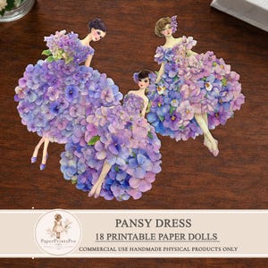 Printable paper dolls with pansy flower dress, floral ephemera for junk journal, vintage style paper doll clipart, fussy cuts for scrapbooking, detailed pansy petals gown, soft purple blue tones, printable cutout dolls for crafts, high resolution artwork by PaperPrintsPro