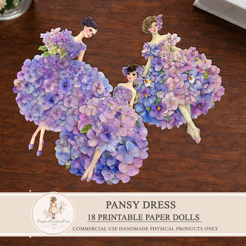 Printable paper dolls with pansy flower dress, floral ephemera for junk journal, vintage style paper doll clipart, fussy cuts for scrapbooking, detailed pansy petals gown, soft purple blue tones, printable cutout dolls for crafts, high resolution artwork by PaperPrintsPro