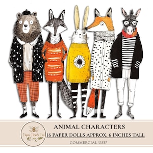 Printable Paper Dolls Animal Characters Whimsical Illustrated Scrapbooking Craft 6 Inch JPG by PaperPrintsPro