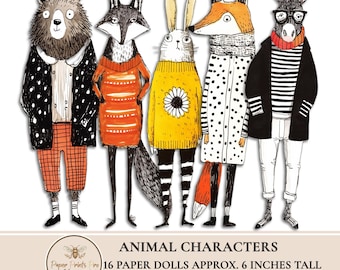 Printable Paper Dolls Animal Characters Whimsical Illustrated Scrapbooking Craft 6 Inch JPG by PaperPrintsPro