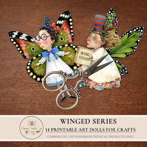 Printable paper dolls digital clipart featuring winged art characters inspired by fairy and butterfly aesthetics. This set includes unique illustrated art dolls designed for crafting, junk journals, scrapbooking, collage, and handmade physical projects. High-quality printable artwork suitable for personal use and limited commercial use in handmade crafts.