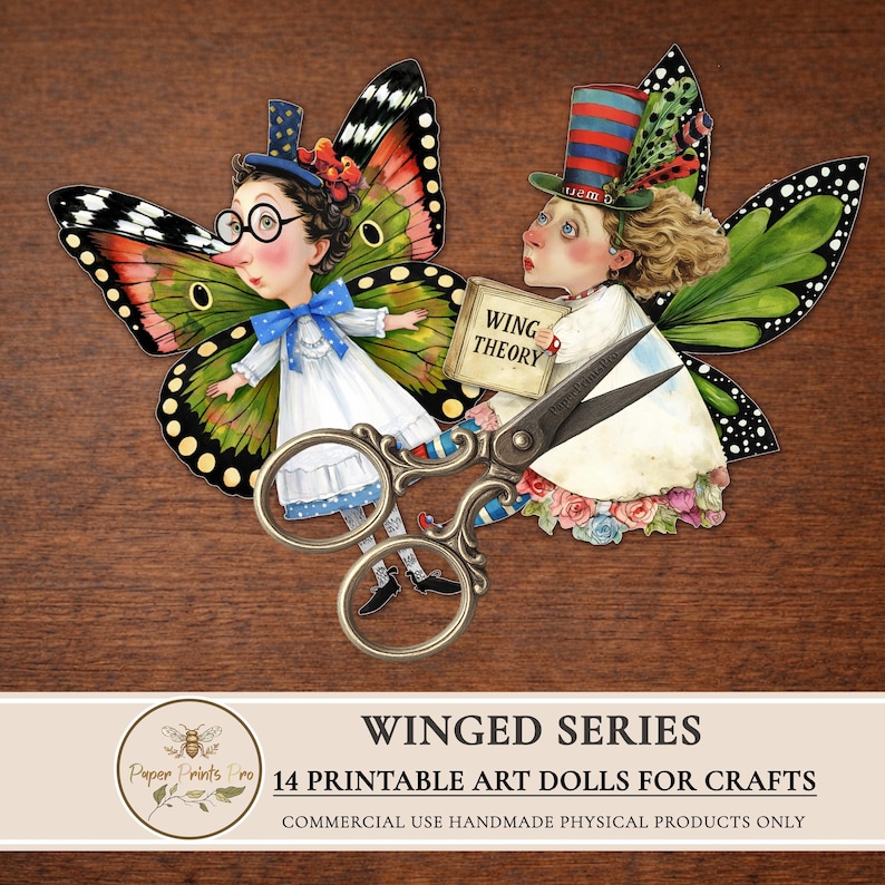 Printable paper dolls digital clipart featuring winged art characters inspired by fairy and butterfly aesthetics. This set includes unique illustrated art dolls designed for crafting, junk journals, scrapbooking, collage, and handmade physical projects. High-quality printable artwork suitable for personal use and limited commercial use in handmade crafts.
