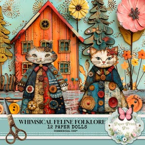 Cat Paper Doll Kit – Printable Whimsical Animal Dolls for Kids Craft and Journals – PaperPrintsPro