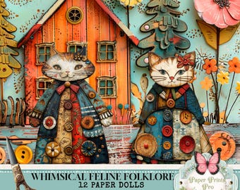 Cat Paper Doll Kit – Printable Whimsical Animal Dolls for Kids Craft and Journals – PaperPrintsPro