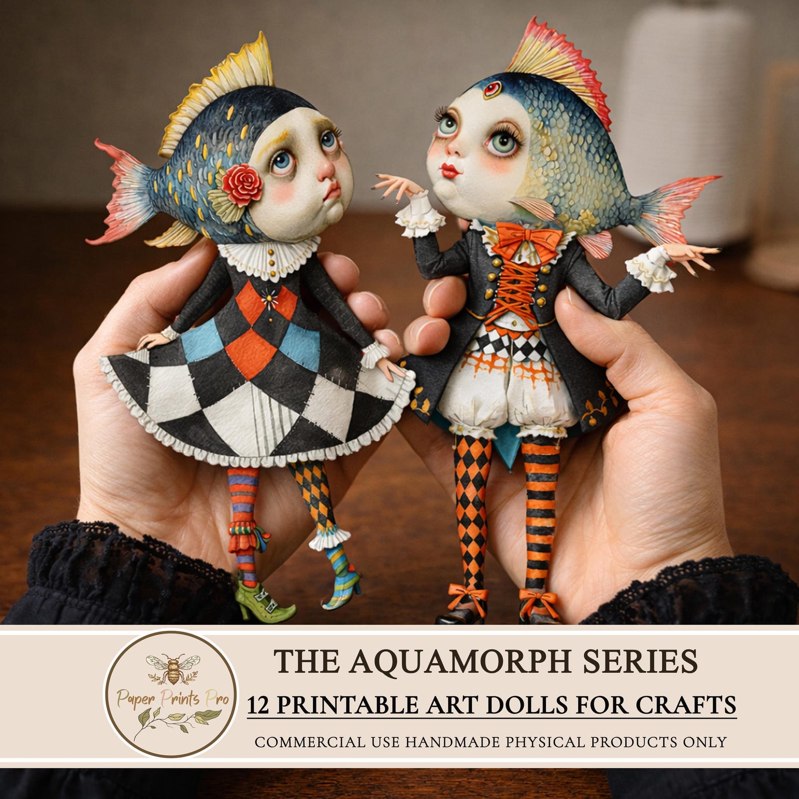 Doll Fish Printable Paper Dolls Fish Head -PNG JPG With Digital Papers, Ephemera ...