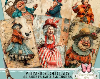 Funny Old Lady Journal Pages: Quirky Grandmother Clipart (PDF Download)