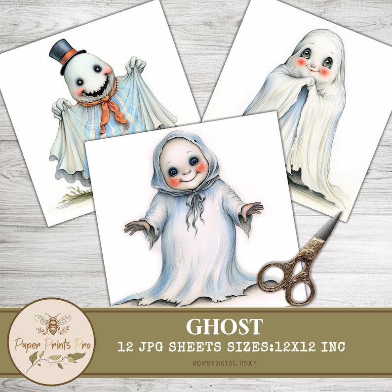 Vintage Ghost Clipart - 12 Digital JPG, 300 DPI for Scrapbooking, Junk Journals & Cards -Paper Prints Pro
