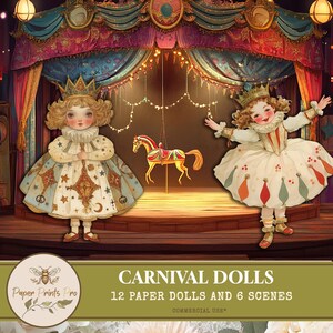 Paper Dolls - 12 Carnival-Themed Dolls and 6 Vintage Scenes for Junk Journals, Scrapbooking, and Puppet Stories