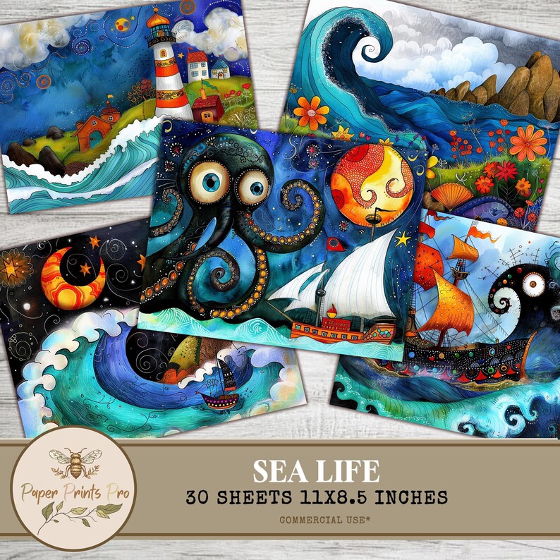 Set of 30 printable sea-themed illustrations (plus 1 bonus), featuring mermaids, pirates, ships, lighthouses, sea animals, and ocean scenes. Designed in a whimsical, colorful storybook style. Ideal for junk journals, card making, kids crafts, wall art, classroom decor, and DIY creative projects. High-resolution JPG files, 11x8.5 inches, ready to print.