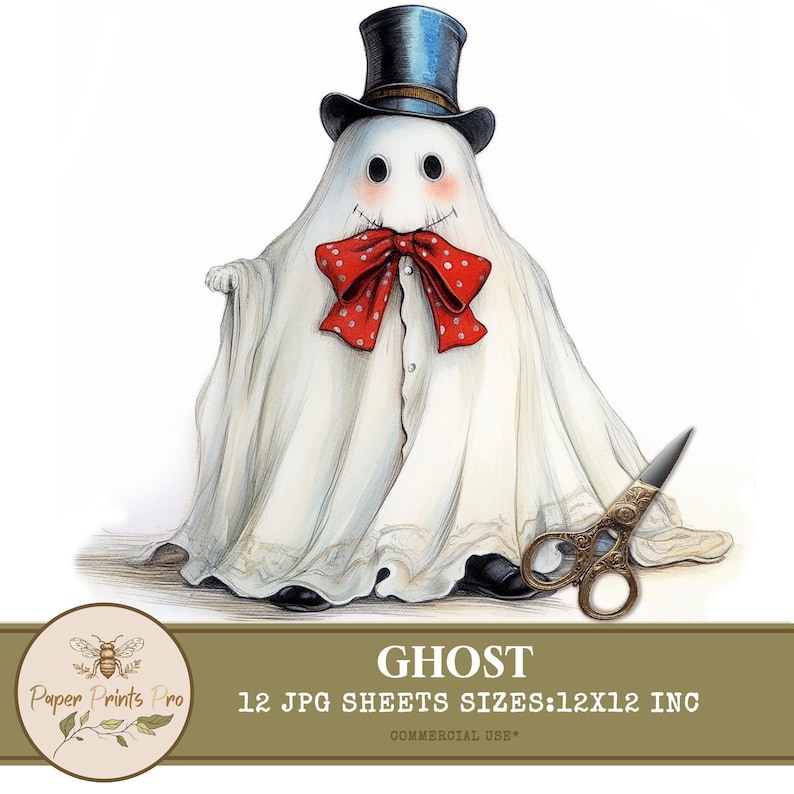 Vintage Ghost Clipart - 12 Digital JPG, 300 DPI for Scrapbooking, Junk Journals & Cards -Paper Prints Pro