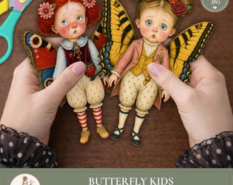 Butterfly Kids PNG, Printable Paper Dolls, Fussy Cuts, Whimsical Clipart, Junk Journal, PaperPrintsPro
