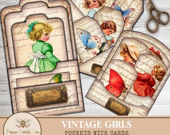 Junk Journal Pockets Printable – Vintage Girls Loaded Pockets with Cards – Ephemera Kit  – PaperPrintsPro