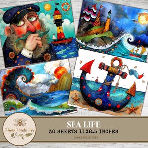 Set of 30 printable sea-themed illustrations (plus 1 bonus), featuring mermaids, pirates, ships, lighthouses, sea animals, and ocean scenes. Designed in a whimsical, colorful storybook style. Ideal for junk journals, card making, kids crafts, wall art, classroom decor, and DIY creative projects. High-resolution JPG files, 11x8.5 inches, ready to print.