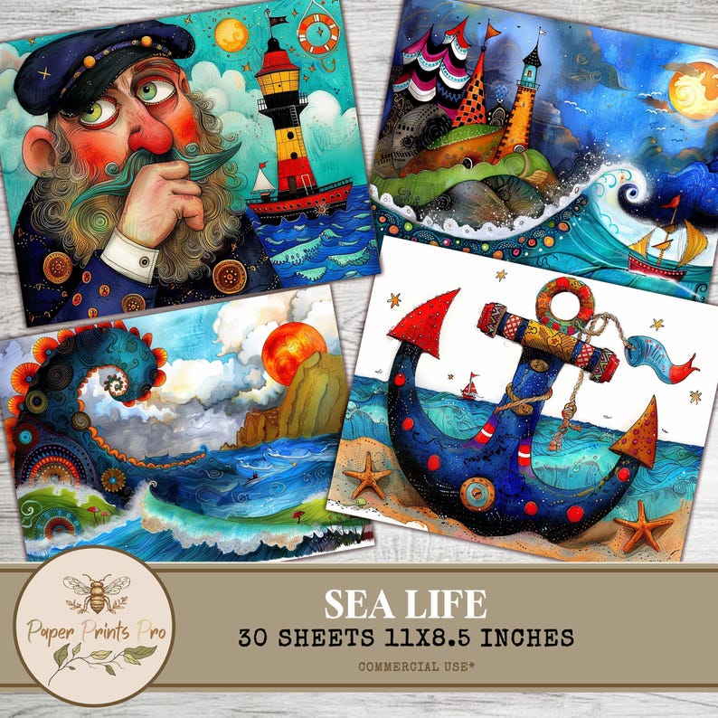 Set of 30 printable sea-themed illustrations (plus 1 bonus), featuring mermaids, pirates, ships, lighthouses, sea animals, and ocean scenes. Designed in a whimsical, colorful storybook style. Ideal for junk journals, card making, kids crafts, wall art, classroom decor, and DIY creative projects. High-resolution JPG files, 11x8.5 inches, ready to print.