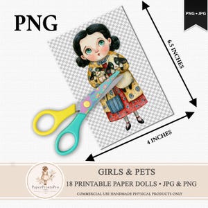 Whimsical printable paper dolls featuring charming girls holding animals including foxes, frogs, kittens, rabbits, ducks, geese, owls, goats, chickens, raccoons, piglets and more. Includes PNG files with transparent backgrounds and ready-to-print JPG pages. Storybook watercolor illustration style with soft vintage-inspired colors, designed for junk journals, scrapbooking, collage, handmade crafts and creative projects by PaperPrintsPro.