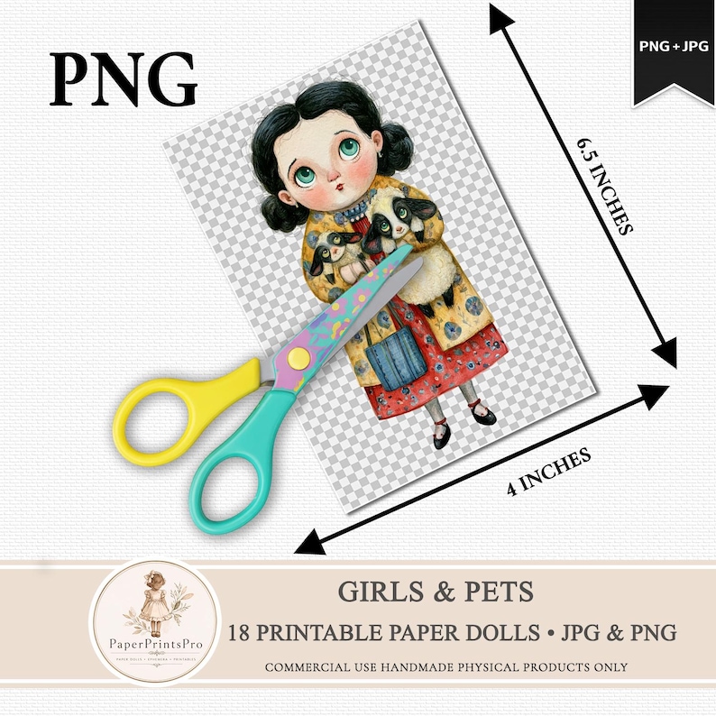 Whimsical printable paper dolls featuring charming girls holding animals including foxes, frogs, kittens, rabbits, ducks, geese, owls, goats, chickens, raccoons, piglets and more. Includes PNG files with transparent backgrounds and ready-to-print JPG pages. Storybook watercolor illustration style with soft vintage-inspired colors, designed for junk journals, scrapbooking, collage, handmade crafts and creative projects by PaperPrintsPro.