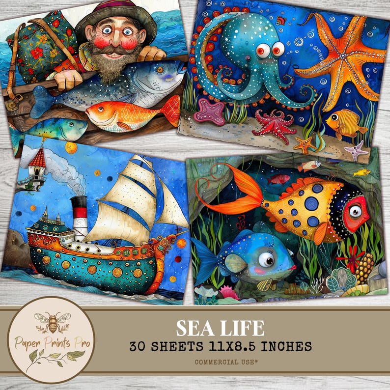 Set of 30 printable sea-themed illustrations (plus 1 bonus), featuring mermaids, pirates, ships, lighthouses, sea animals, and ocean scenes. Designed in a whimsical, colorful storybook style. Ideal for junk journals, card making, kids crafts, wall art, classroom decor, and DIY creative projects. High-resolution JPG files, 11x8.5 inches, ready to print.
