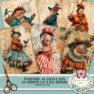 Whimsical Old Lady Journal Pages - 22 half page Funny Old Ladies - Quirky Grandy Clipart - PDF Download