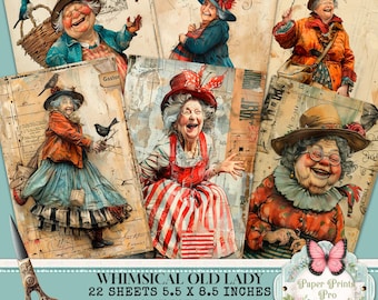 Funny Old Lady Journal Pages: Quirky Grandmother Clipart (PDF Download)