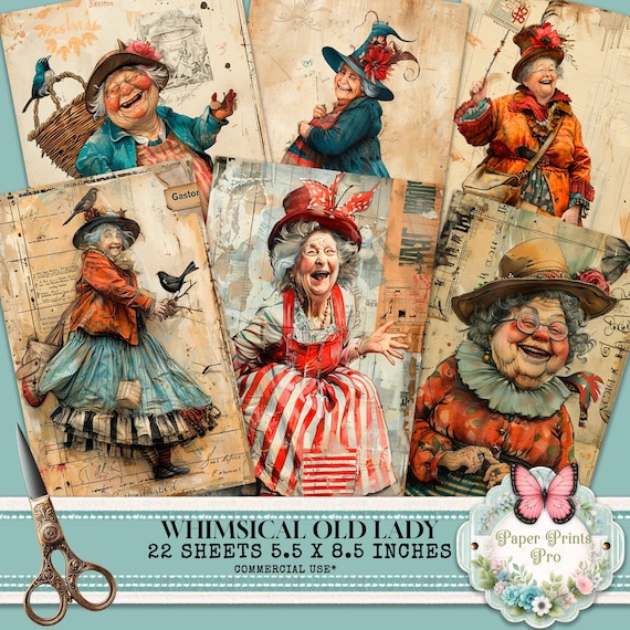 Funny Old Lady Journal Pages: Quirky Grandmother Clipart (PDF Download)
