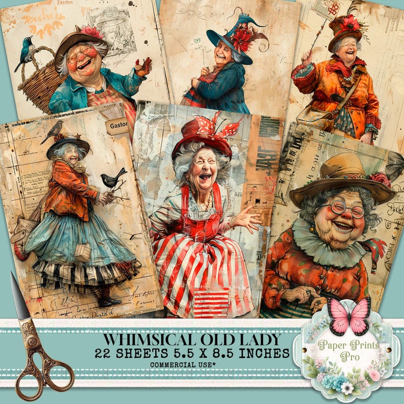 Whimsical Old Lady Journal Pages - 22 half page Funny Old Ladies - Quirky Grandy Clipart - PDF Download