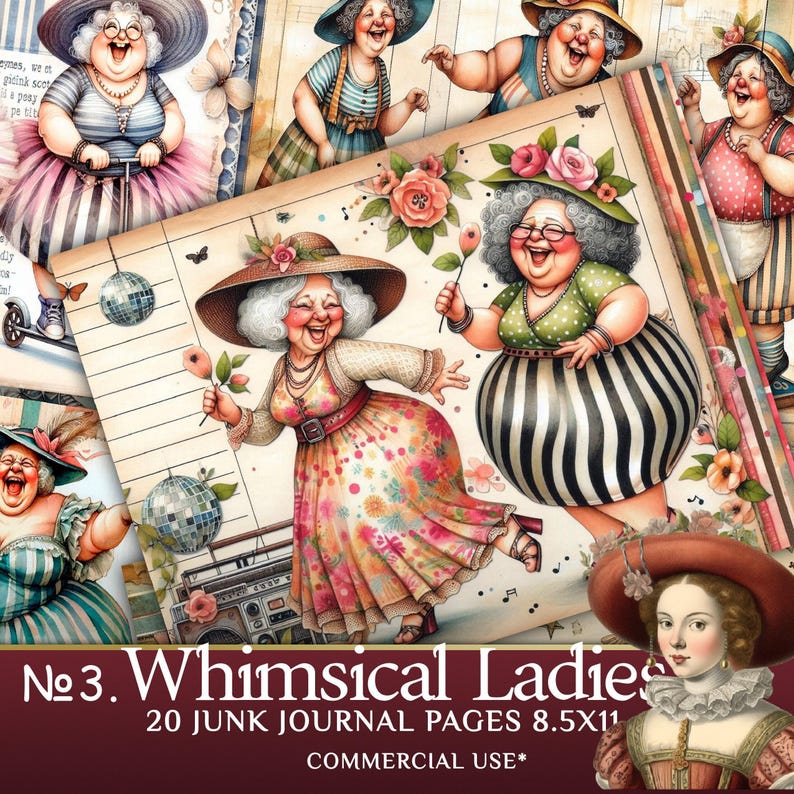 Whimsical Old Ladies Junk Journal Pages - Cartoon Grandmothers Clipart for Scrapbooking