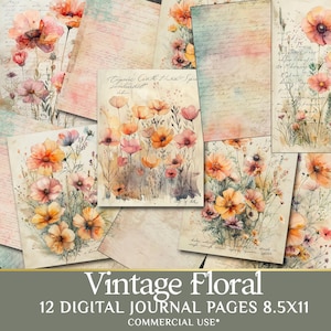 Vintage Floral 12 DIGITAL Journal Pages 8.5X11 - Printable Basic Papers for Junk Journal