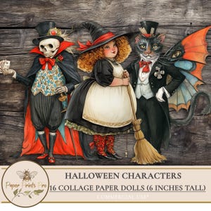 Printable Halloween Ephemera – 16 Figures -Witches, Pumpkins ,Skeleton  for Junk Journals & Collage