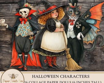 Printable Halloween Ephemera – 16 Figures -Witches, Pumpkins ,Skeleton  for Junk Journals & Collage