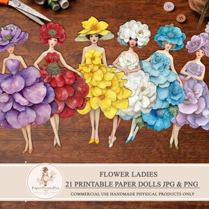 Printable paper dolls with flower dresses, women in bright botanical outfits, floral ephemera set for junk journal, scrapbooking, mixed media and collage projects, digital download includes JPG sheets and PNG cut files by PaperPrintsPro
