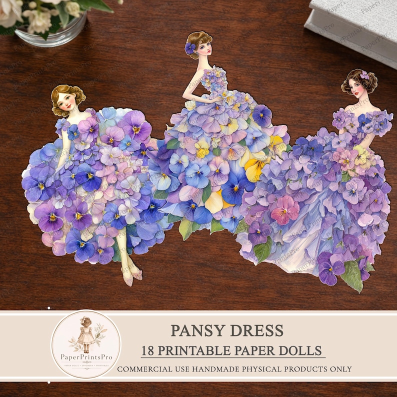 Printable paper dolls with pansy flower dress, floral ephemera for junk journal, vintage style paper doll clipart, fussy cuts for scrapbooking, detailed pansy petals gown, soft purple blue tones, printable cutout dolls for crafts, high resolution artwork by PaperPrintsPro