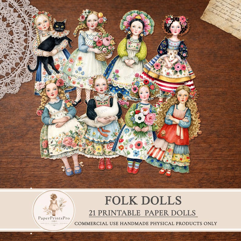 Printable Paper Dolls Spring Floral Folk Girls Junk Journal Ephemera ...