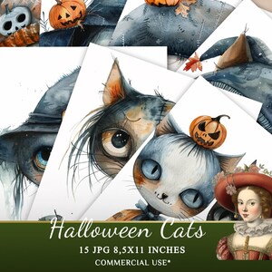 Watercolor Halloween Cats Clipart Collection, 15 JPG  Halloween Clipart, Cute Halloween Animals Clipart