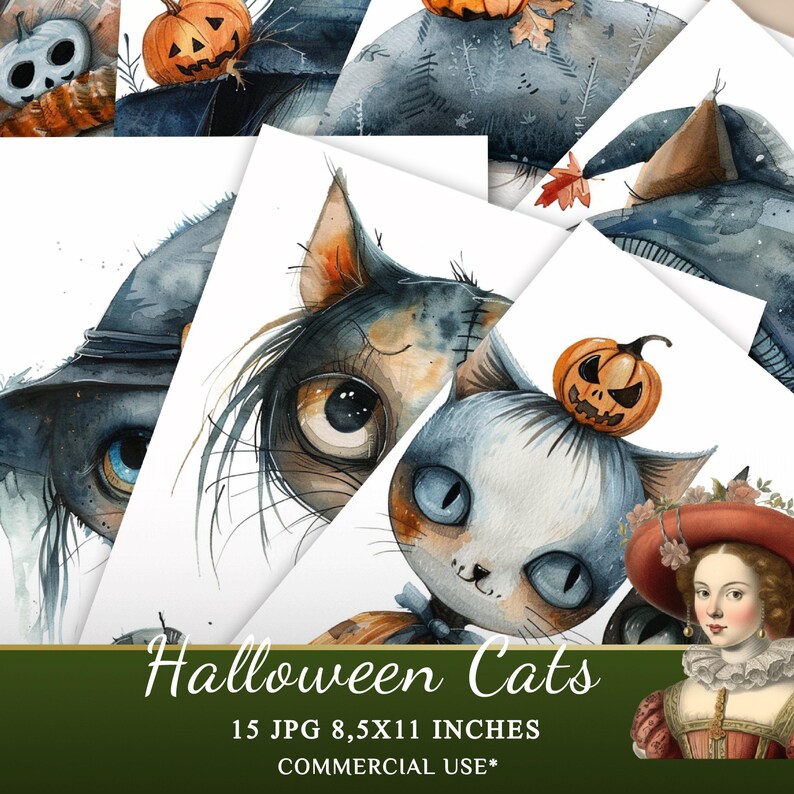 Watercolor Halloween Cats Clipart Collection, 15 JPG  Halloween Clipart, Cute Halloween Animals Clipart