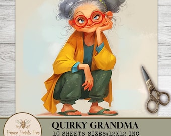 Printable Clipart Quirky Grandma – 10 Funny Elderly Figures for Scrapbooking and Journals – PaperPrintsPro
