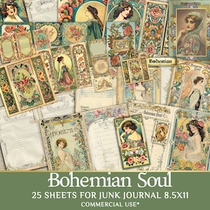 Junk Journal Kit Bohemian Soul - 25 Printable Pages with ephemera for Vintage Boho Paper Crafts