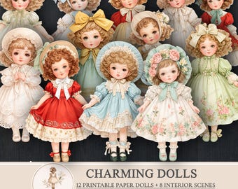 Printable Paper Dolls Kit – 12 Vintage Girls for Junk Journals, Puppet Theater – PaperPrintsPro
